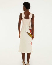 Farm Rio Sand Strelitzia Midi Dress Close View of the beautiful dress