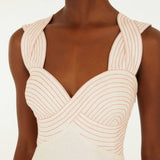 Farm Rio Sand Strelitzia Midi Dress Close View of the beautiful dress