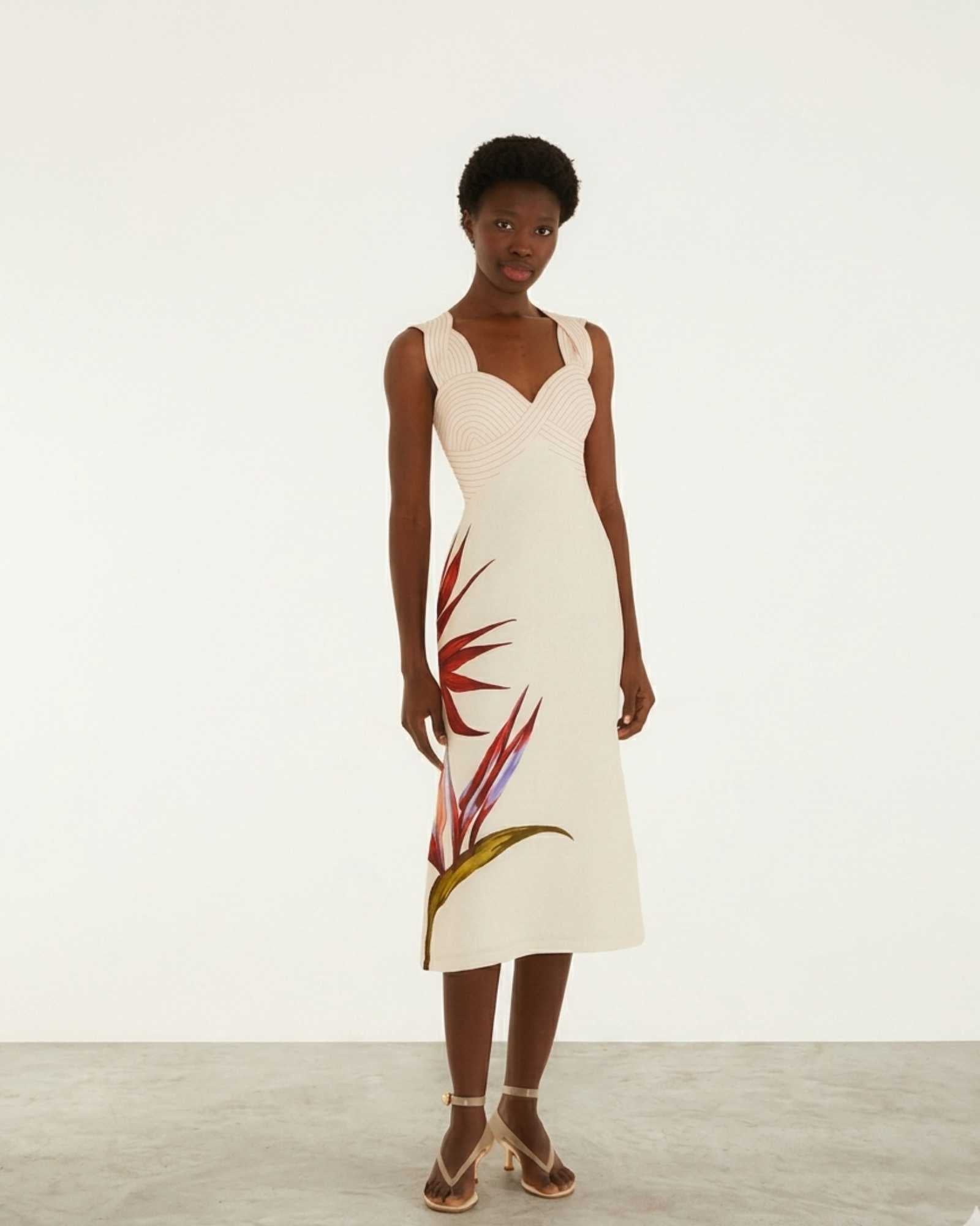 Farm Rio Sand Strelitzia Midi Dress Front View
