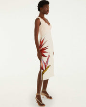 Farm Rio Sand Strelitzia Midi Dress Side View of the Beautiful Dress. 