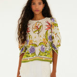 FARM Rio Sand Tropical Scarf Blouse front view featuring a tropical scarf print and elegant draped silhouette.