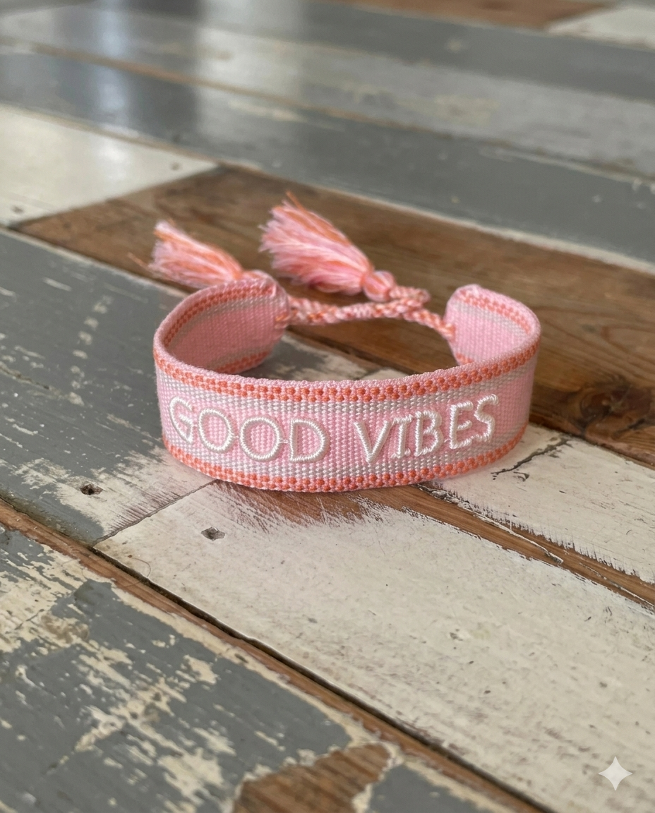Close-up of adjustable rosy peach woven bracelet with embroidered “GOOD VIBES” lettering and sliding knot tassel cords.