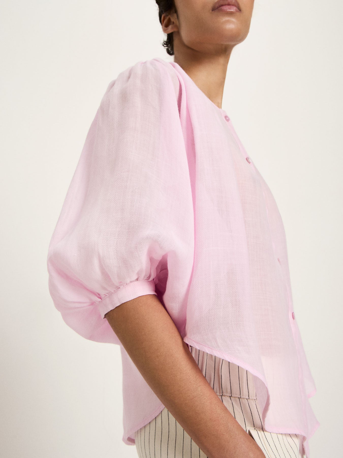 Gathered Ramie Blouse — Powder Pink