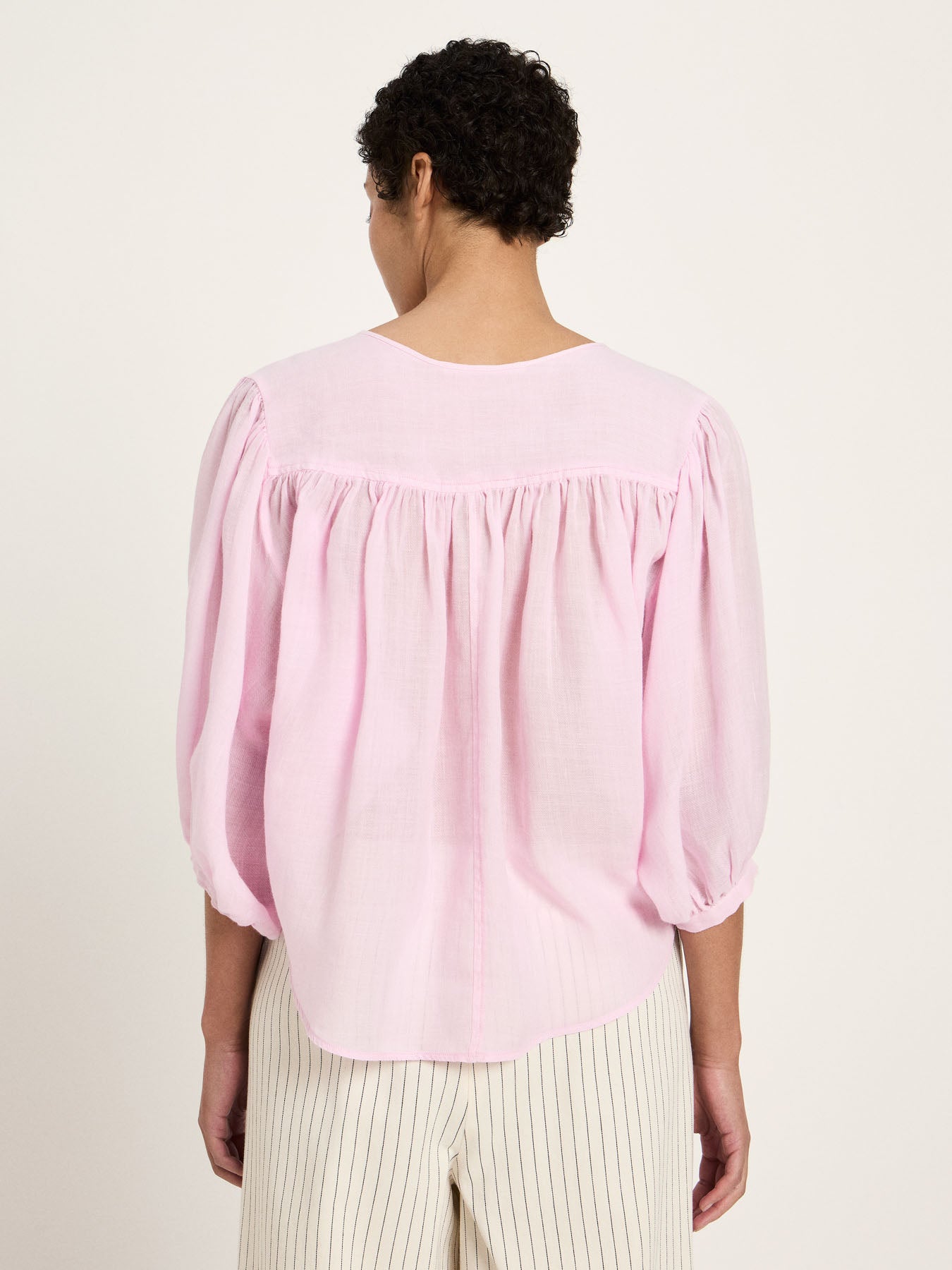 Gathered Ramie Blouse — Powder Pink