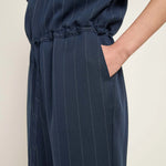 Close-Up of the navy pinstripe Jumpsuit by Lanius