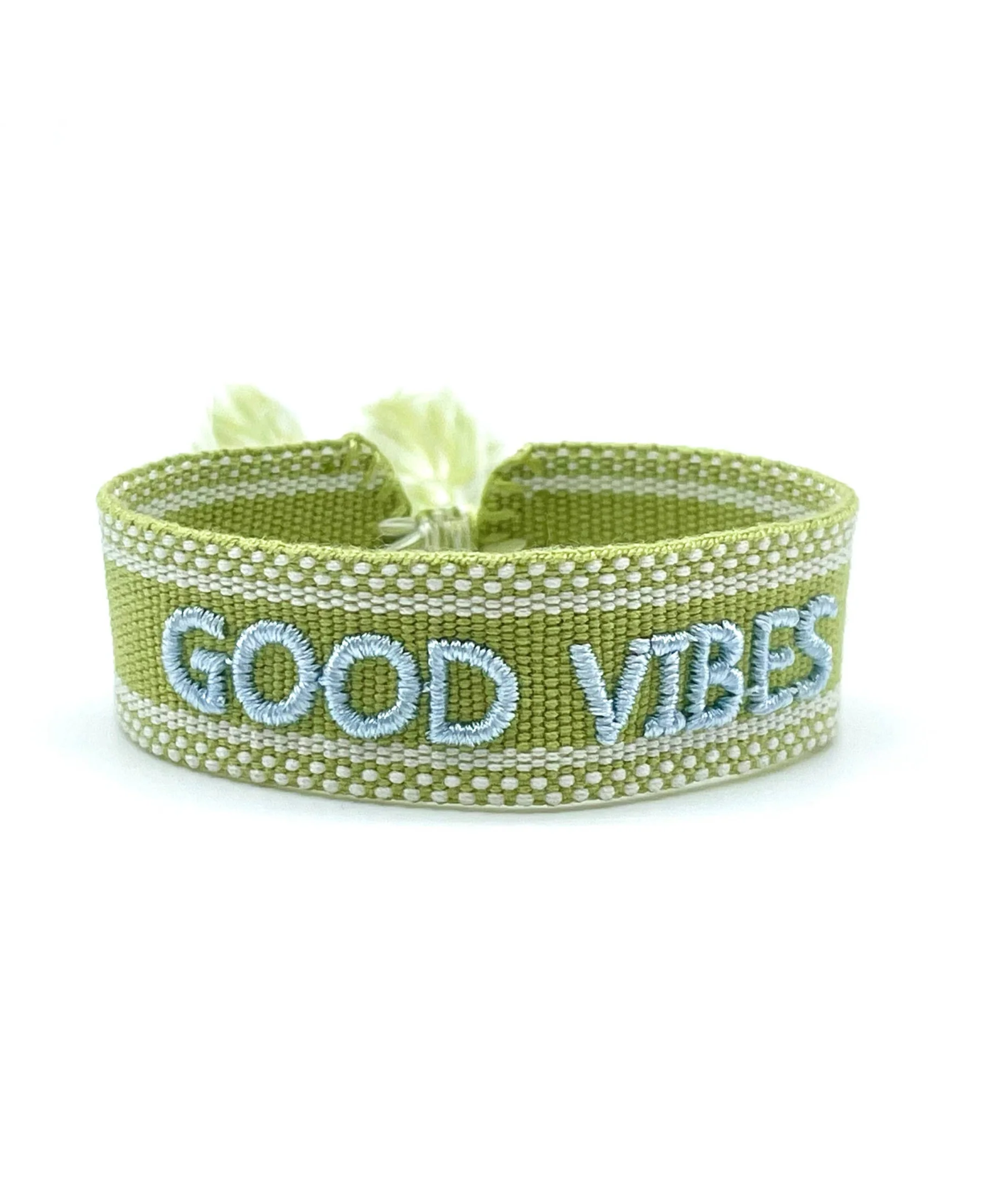 Close-up of adjustable cornflower blue woven bracelet with embroidered “LIVE LOVE SHINE” lettering and sliding knot tassel cords.