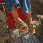 Close-up of the vibrant braided leather design of MEXAS loafers