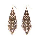 Mayana Designs Beaded Handwoven Taos Fringe Earrings in Dark Brown. Boho Jewellery perfect for adding festival-ready flair with intricate beadwork and fringe details.
