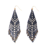 Mayana Designs Beaded Handwoven Taos Fringe Earrings in Teal, showcasing intricate beadwork and fringe details with a pop of vibrant color.
