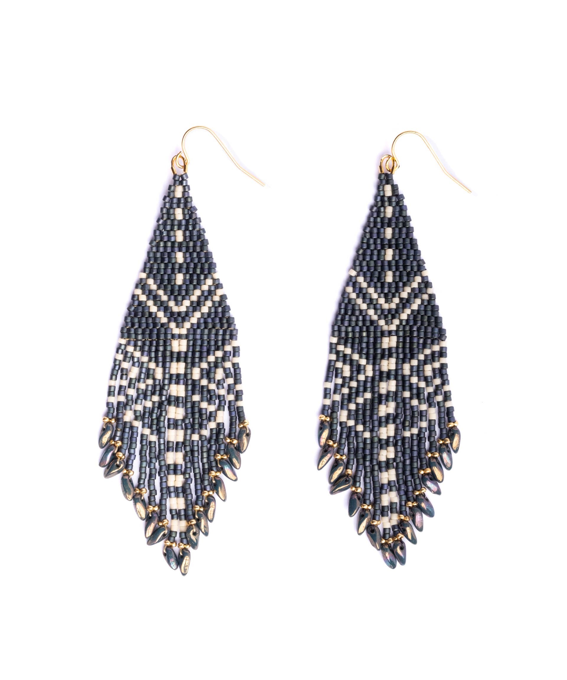 Mayana Designs Beaded Handwoven Taos Fringe Earrings in Teal, showcasing intricate beadwork and fringe details with a pop of vibrant color.