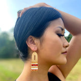 Woman wearing Beaded Handwoven Color Block Earrings