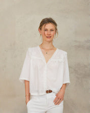 Model wearing Frill Detail Blouse in Ivory styled with white jeans.