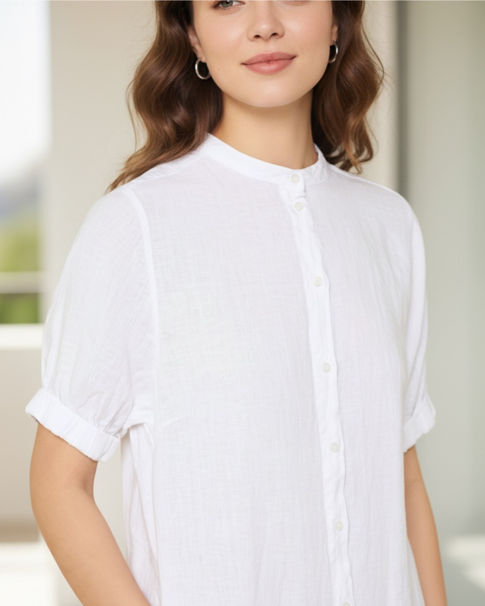 MMArleth white linen dress with round neckline and soft sleeve detail