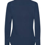 Back view of MMSybel Satin Ruffle Shirt in navy, long sleeves and relaxed fit