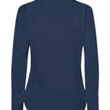Back view of MMSybel Satin Ruffle Shirt in navy, long sleeves and relaxed fit