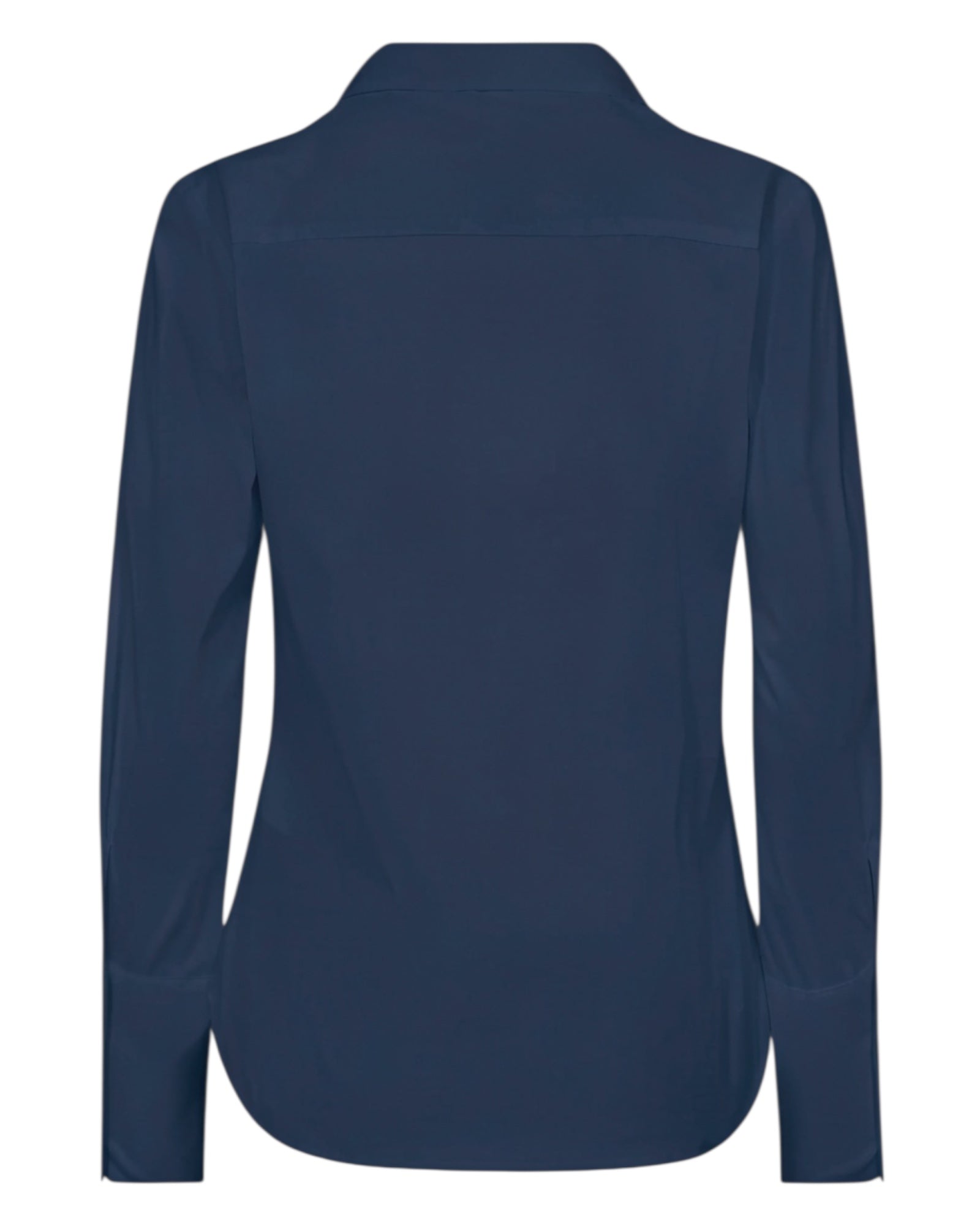 Back view of MMSybel Satin Ruffle Shirt in navy, long sleeves and relaxed fit