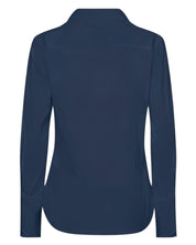 Back view of MMSybel Satin Ruffle Shirt in navy, long sleeves and relaxed fit
