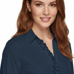 Close-up of MMSybel Satin Ruffle Shirt navy showing collar and ruffle details