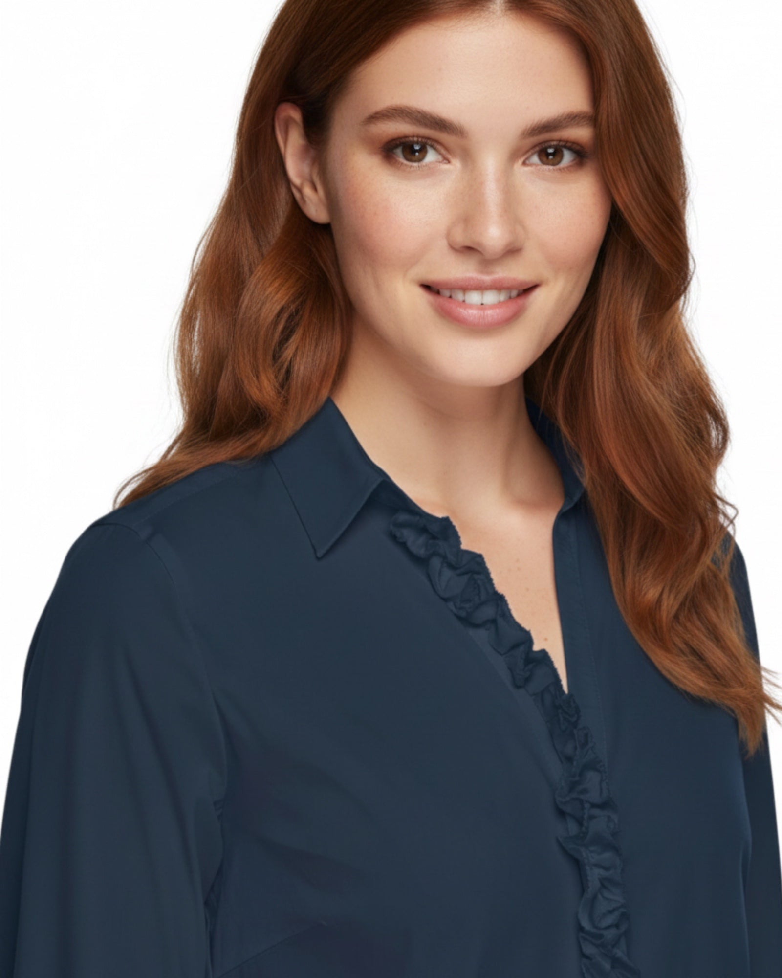 Close-up of MMSybel Satin Ruffle Shirt navy showing collar and ruffle details