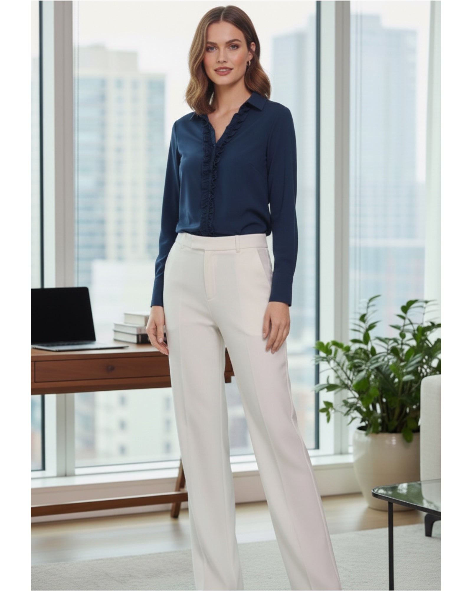Model wearing MMSybel navy satin ruffle shirt, styled with white pants