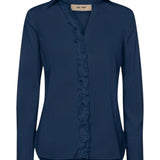 MMSybel Satin Ruffle Shirt in navy, front view with ruffle button placket