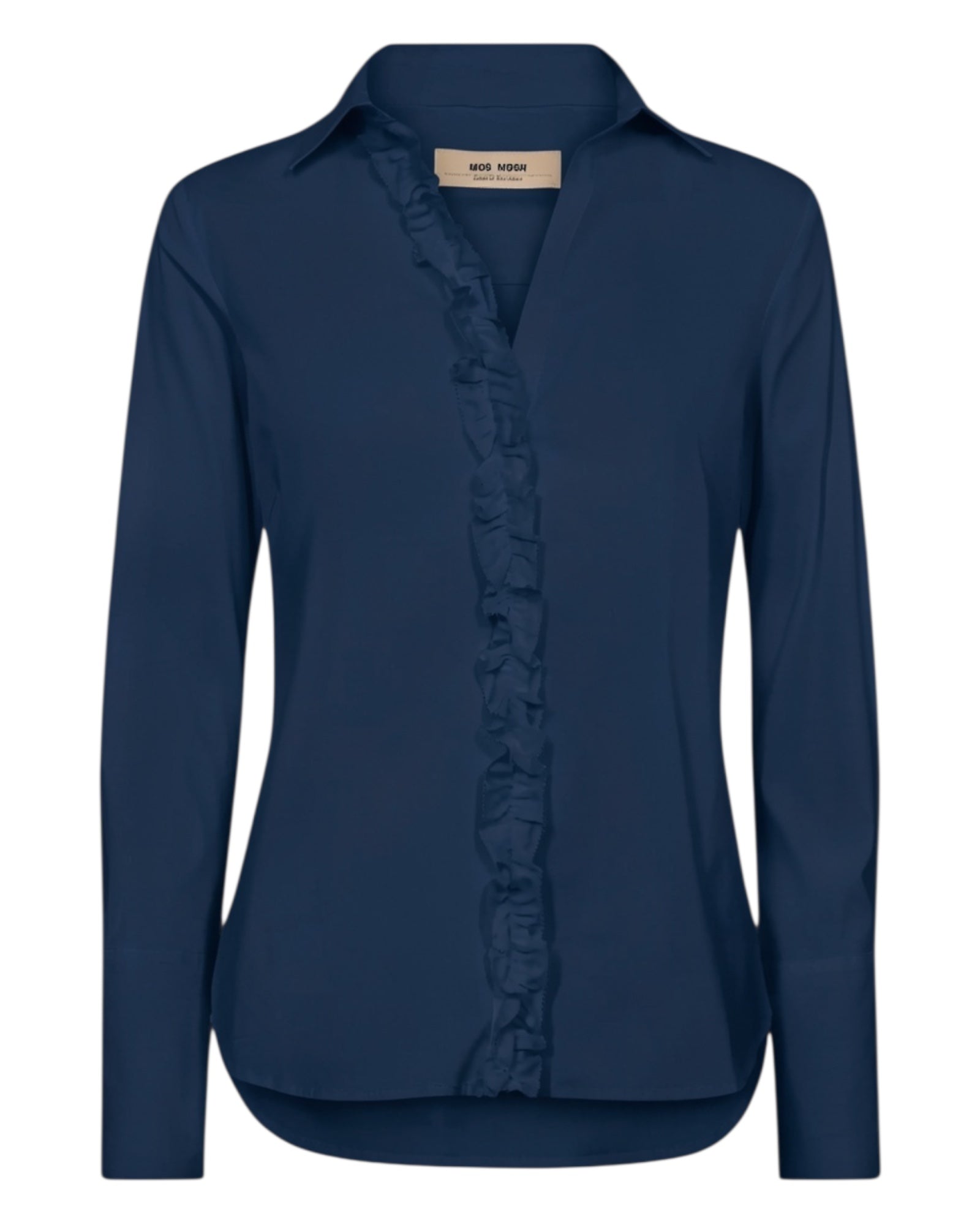MMSybel Satin Ruffle Shirt in navy, front view with ruffle button placket