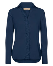 MMSybel Satin Ruffle Shirt in navy, front view with ruffle button placket
