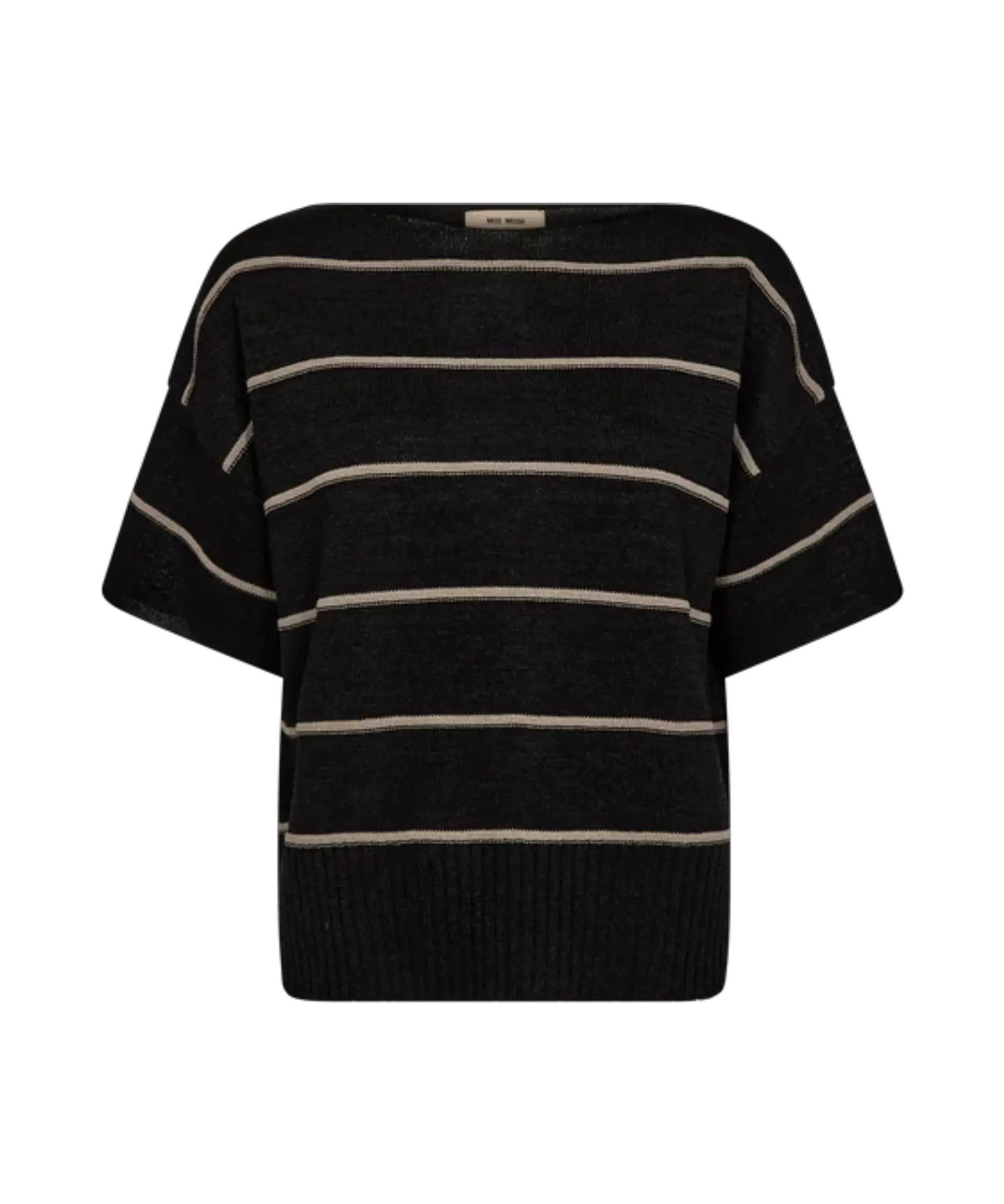 MOS MOSH MMArlen black striped paper knit top with boat neckline, organic cotton and paper fiber blend
