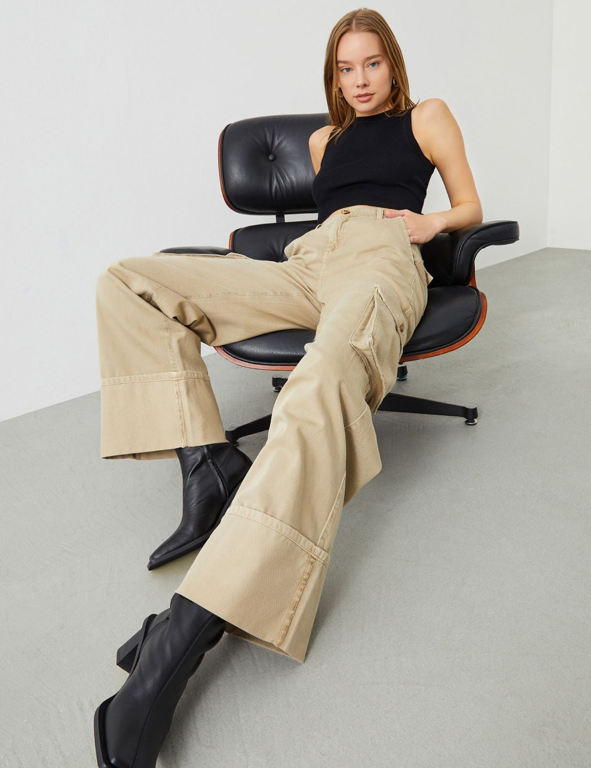 Sierra Wide Leg Fit Beige Women's Cargo Pants by Ra Denim