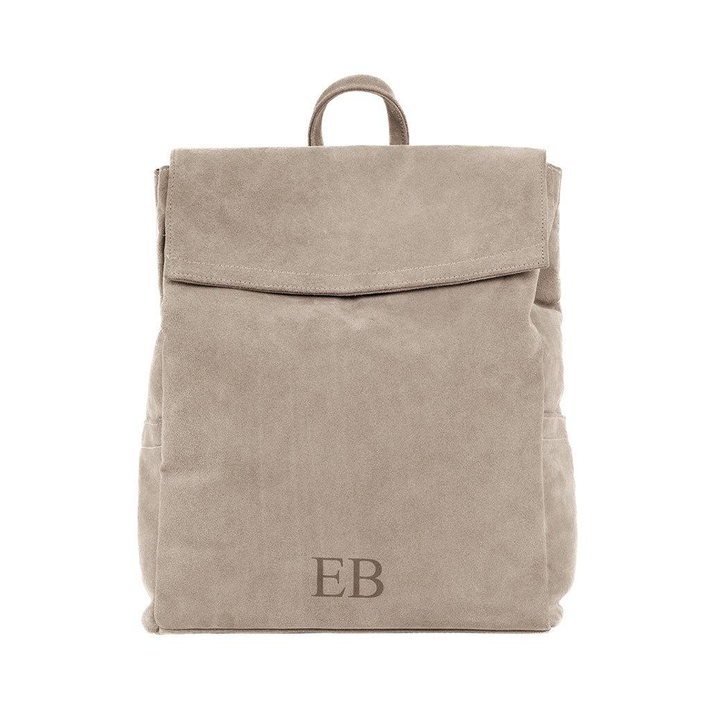Light Grey Emmy Boo backpack Lipari in suede crust leather with customizable monogram and top handle.