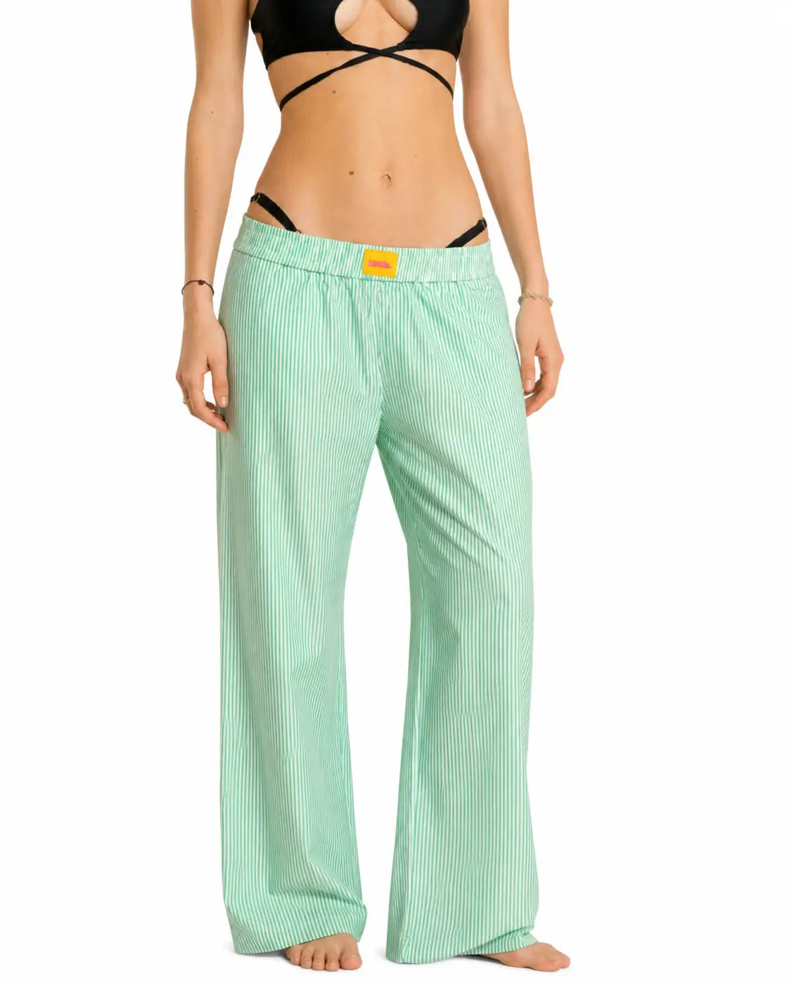 Green Striped Cotton Wide-Leg Pants