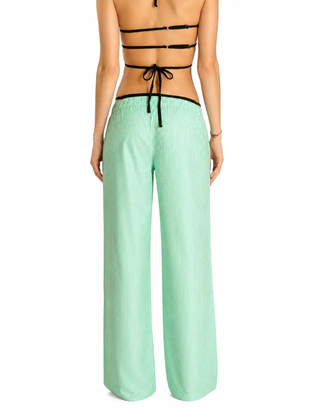 Green Striped Cotton Wide-Leg Pants
