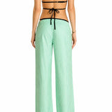 Green Striped Cotton Wide-Leg Pants
