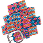 Smitten Adriana Handwoven Belt in orange and blue, flat lay showcasing vibrant geometric design