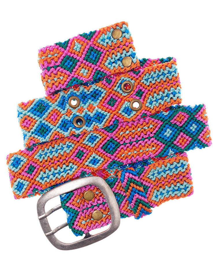 Smitten Adriana Handwoven Belt in orange and blue, flat lay showcasing vibrant geometric design