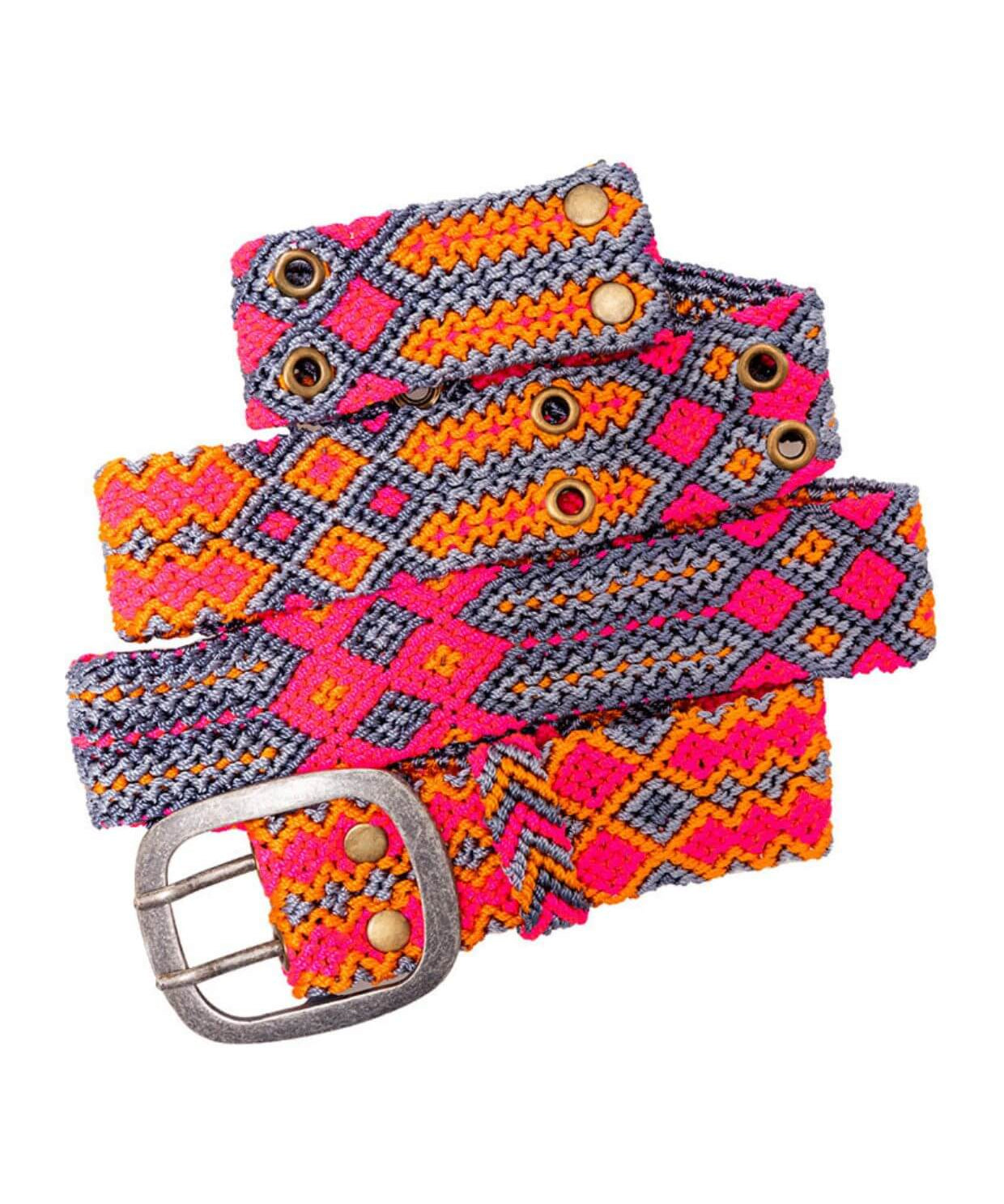 Close-up shot of the Adriana Peppy Handwoven Belt by Smitten, showcasing the detailed grey and pink handwoven design with a sturdy metal buckle.