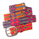 Close-up shot of the Adriana Peppy Handwoven Belt by Smitten, showcasing the detailed grey and pink handwoven design with a sturdy metal buckle.