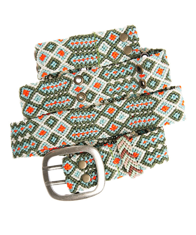 Close-up of the Adriana Handwoven Olive Belt showcasing its detailed craftsmanship and geometric design