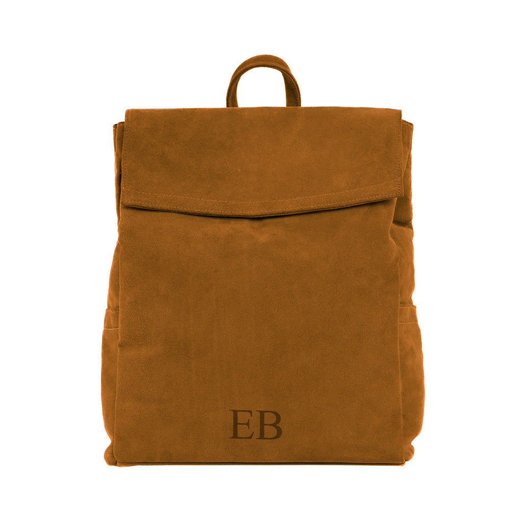 Emmy Boo backpack Lipari in terra brown suede crust leather features a customizable monogram and a top handle.