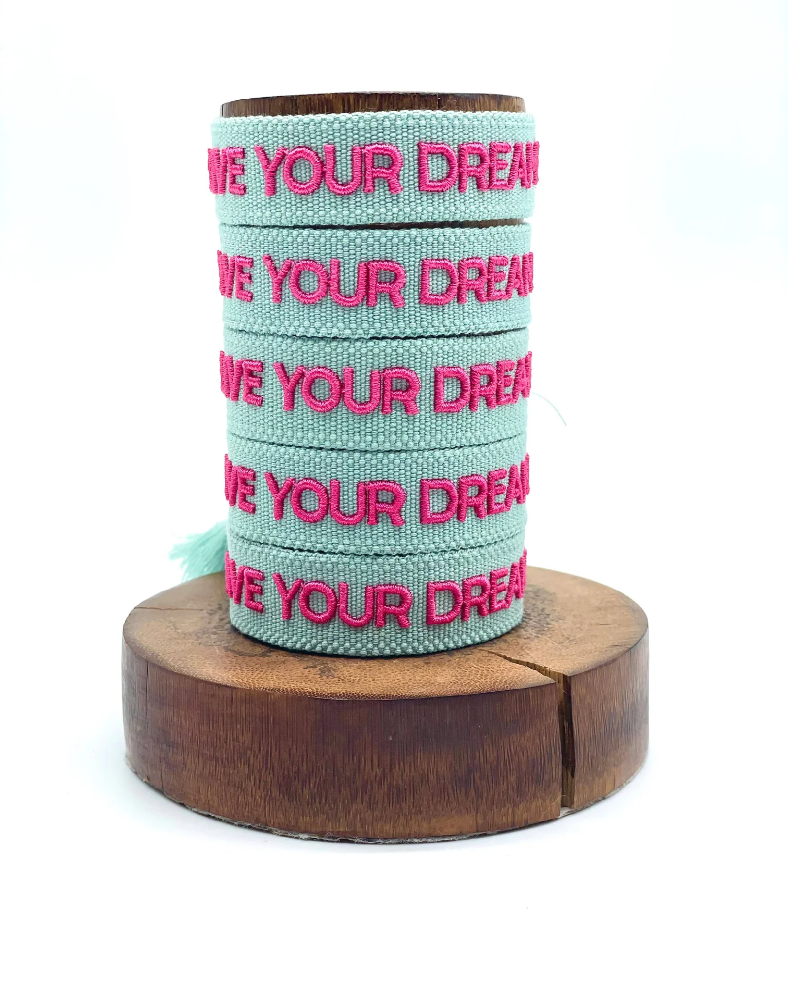 LIVE YOUR DREAMS Woven Statement Bracelet — Sage & Dark Pink
