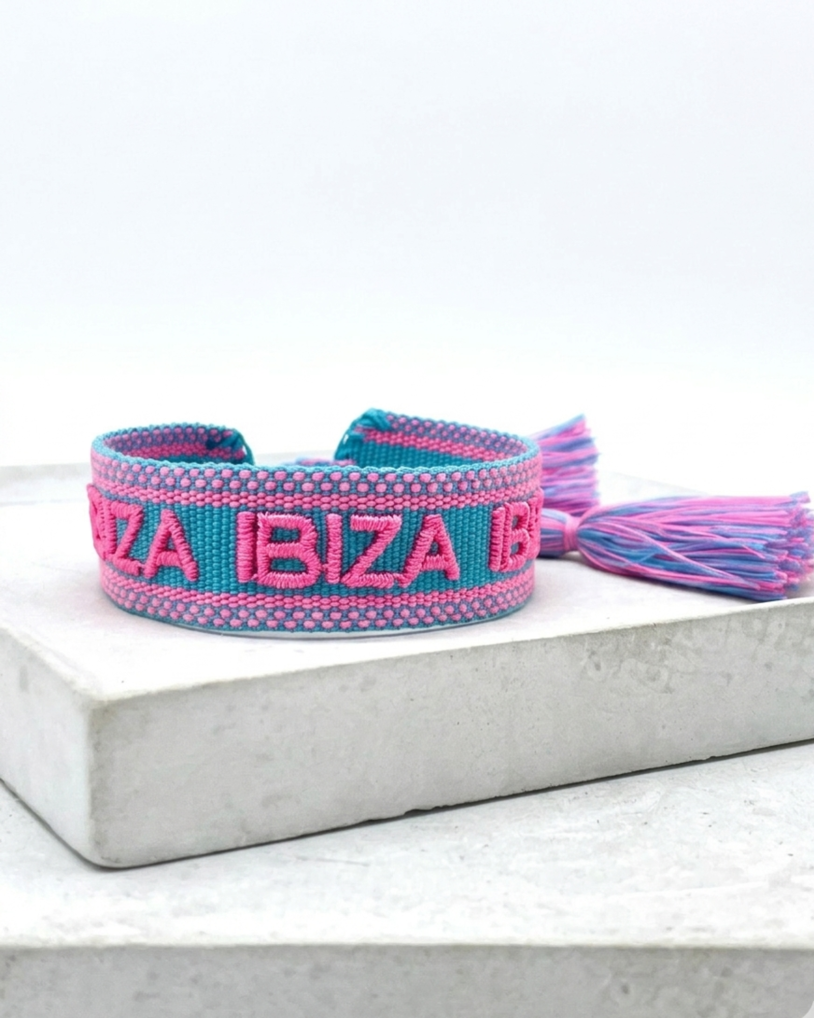 IBIZA IBIZA IBIZA Woven Statement Bracelet — Turquoise & Pink