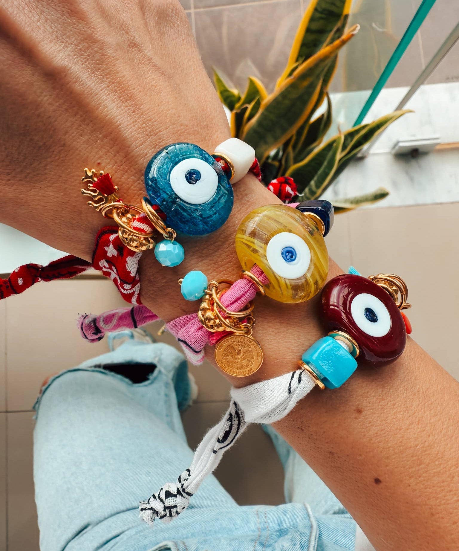Aegean bandana bracelet with Greek Blue glass Mati evil eye and 24k gold accents