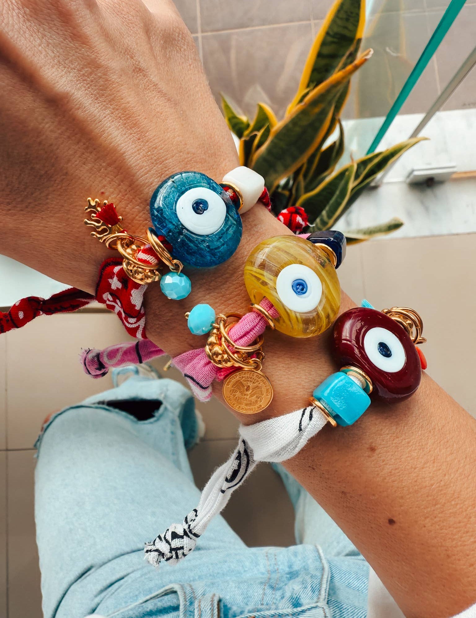 Aegean bandana bracelet with Greek Blue glass Mati evil eye and 24k gold accents