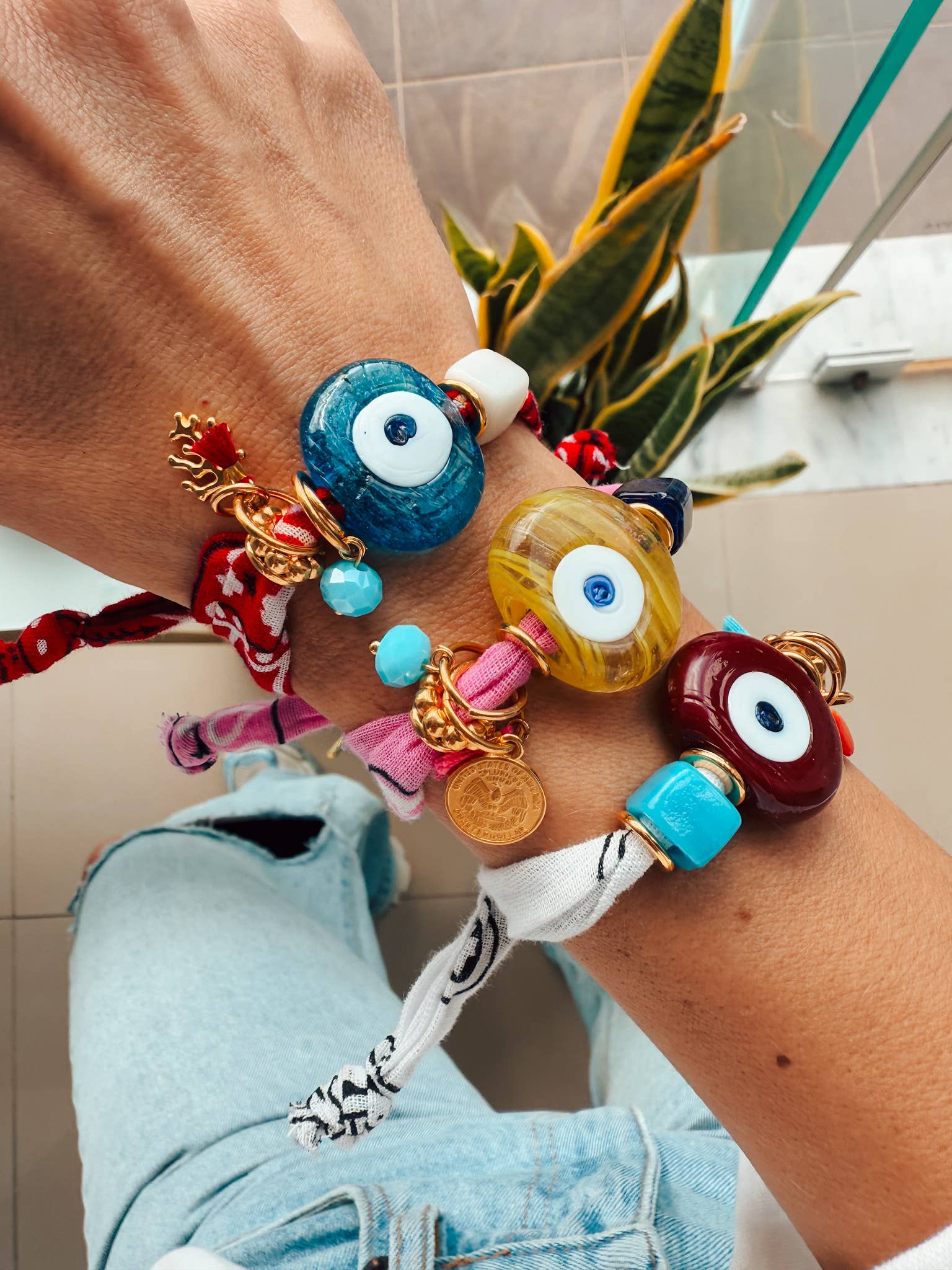 Aegean bandana bracelet with Greek Blue glass Mati evil eye and 24k gold accents