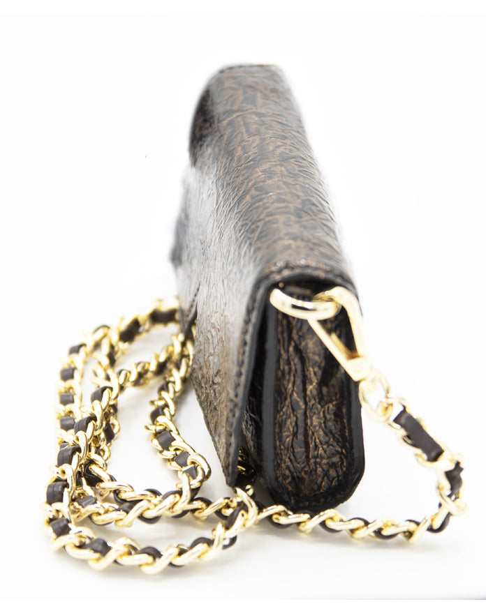 Aetalia Ary evening bag in bronze crinkled leather, side view with gold and leather chain strap