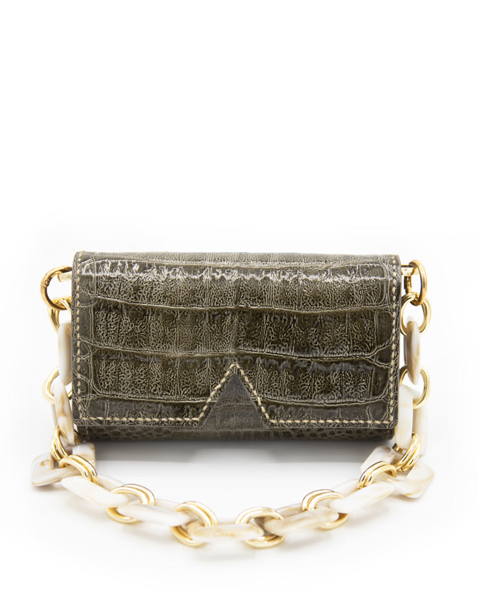 Chic Aetalia Ary olive leather shoulder bag with unique crocodile print, the perfect accessory to elevate your fashion look