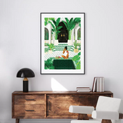 Medina Oasis Poster by All The Ways To Say, featuring a Moroccan riad illustration above a wood dresser.