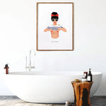 Hey Sexy poster by All the Ways to Say framed in a bathroom next to a white bathtub