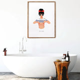 Hey Sexy poster by All the Ways to Say framed in a bathroom next to a white bathtub