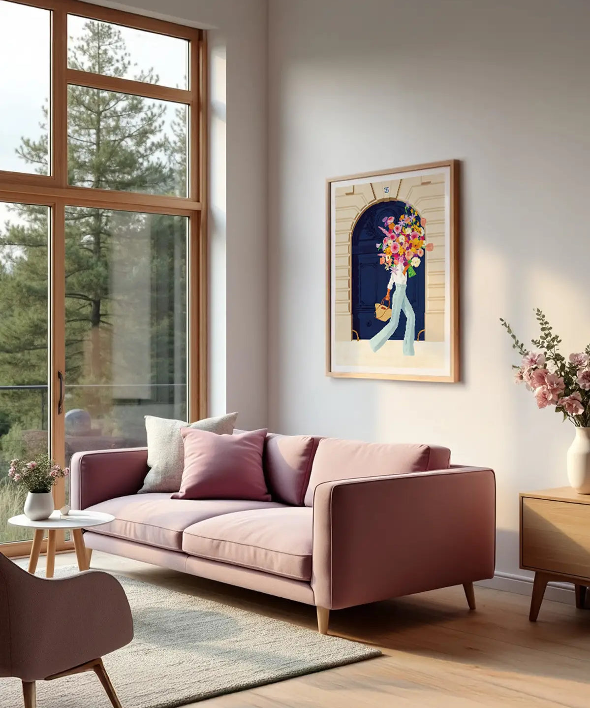 Parisian Door poster by All the Ways to Say framed in a bright living room with a pink sofa
